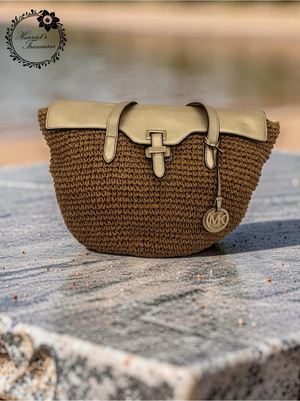 Michael Kors Brown Raffia Shoulder Tote with Gold Leather Trim